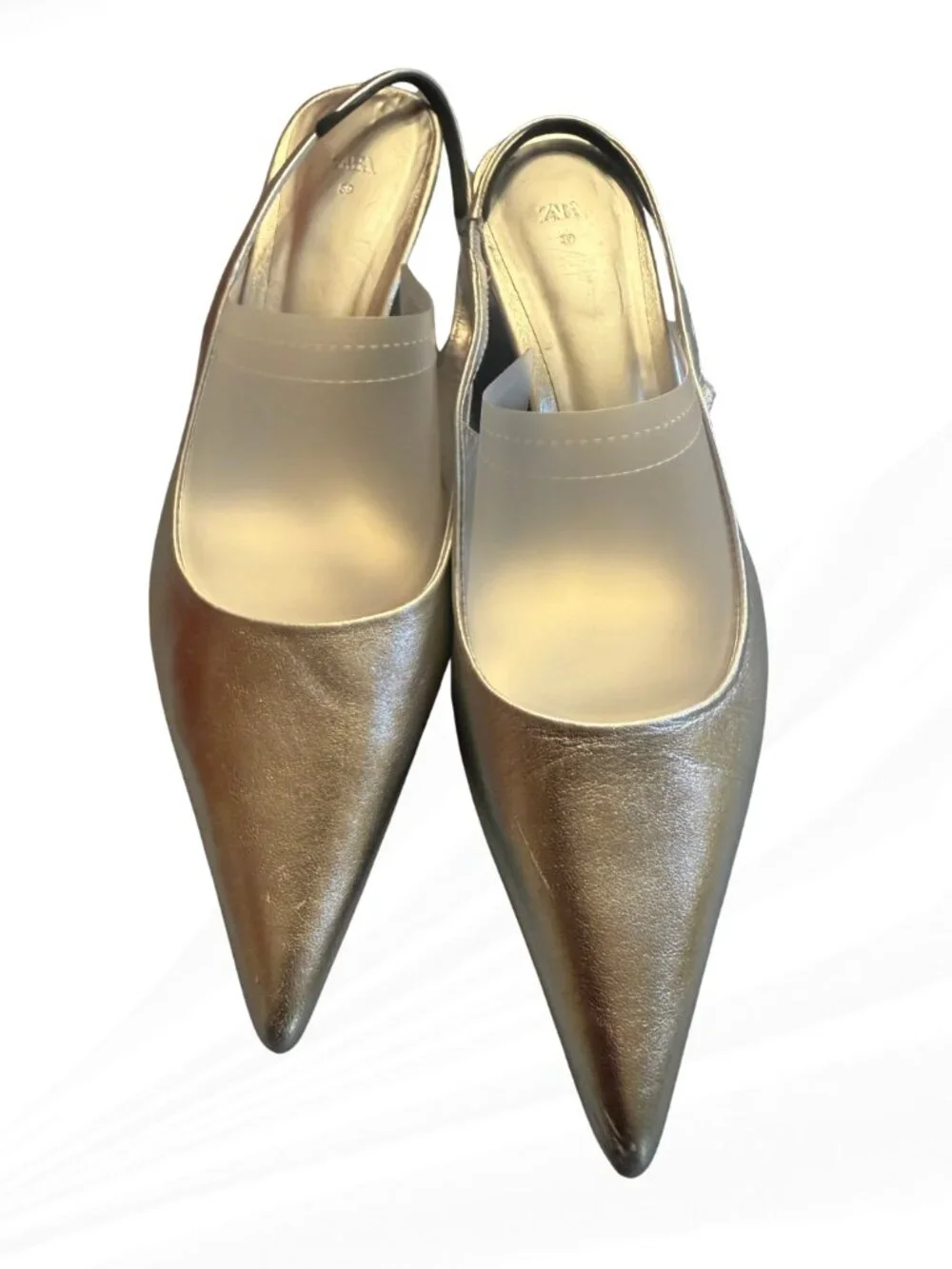 Zara Silver Metallic Slingback Heels Pointed Toe Pumps EU 39 US 8 NWOB Wedding - Picture 3 of 16